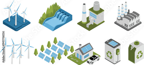 Renewable energy infrastructure and sustainable electricity production, wind turbines solar panels hydropower plant recycling battery storage green technology illustration