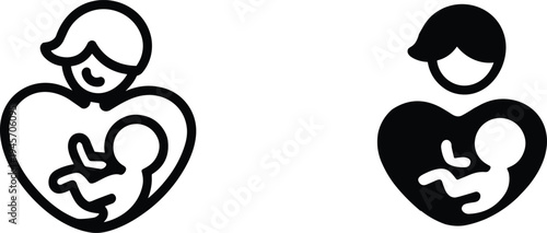 Mother holding baby icon set, maternal care symbol, breastfeeding mother silhouette and outline vector for parenting healthcare family concept