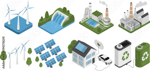 Renewable energy sources illustration, solar panels, wind turbines, hydroelectric dam, biomass plant, green technology, sustainable electricity generation concept