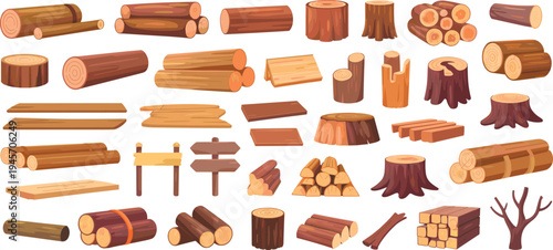 Wood logs and timber set illustration, tree stumps, wooden planks, lumber pieces, firewood stacks, forestry elements vector collection