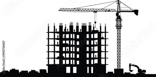 Construction site silhouette with tower crane, excavator and workers building high rise structure, industrial development vector illustration isolated on white background