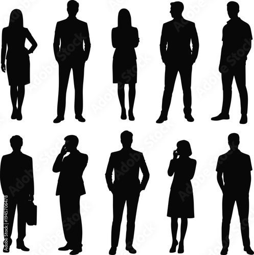 Professional silhouettes group, business attire, casual poses, workplace diversity, corporate identity, teamwork concept, office illustration, social interaction artwork
