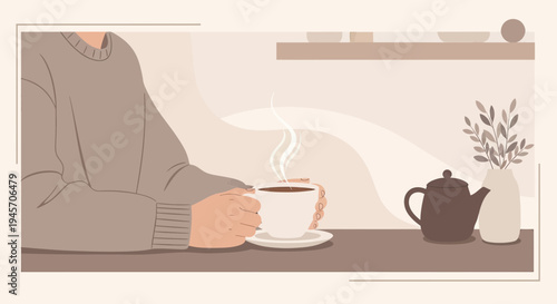Cozy Morning Coffee Break: Person Holding Steaming Cup with Teapot and Vase