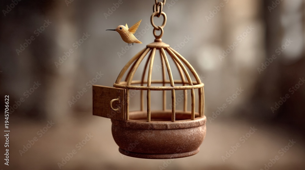Obraz premium A small hummingbird flies from an empty cage in a soft lit space with minimal background and vintage effect