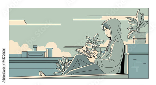 Cozy Girl Reading Book with Plants on Rooftop, Serene Urban Nature Escape