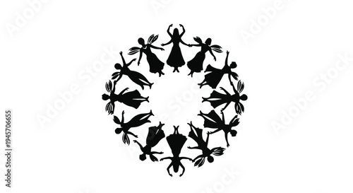 A circular arrangement of small fairy or pixie silhouettes holding hands creates a flowing pattern symbolizing community and joyful unity among mythical beings.