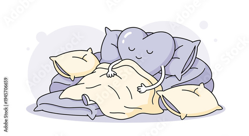 Cozy Heart Character Sleeping Comfortably on Pillows Under Blanket