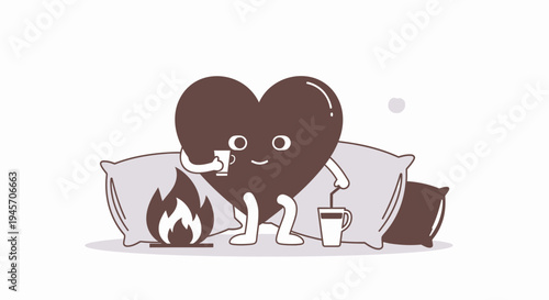 Cozy Heart Character With Coffee By Fireplace and Pillows