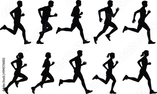 Running silhouettes, athletic motion, male and female runners, stride variation, dynamic movement, sports training, fitness artwork, human motion illustration design