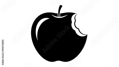 Bitten Black Apple Silhouette Icon, Healthy Food Concept, Isolated on White