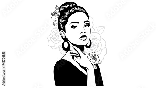 Elegant Woman Portrait with Roses, Vintage Style, Black and White