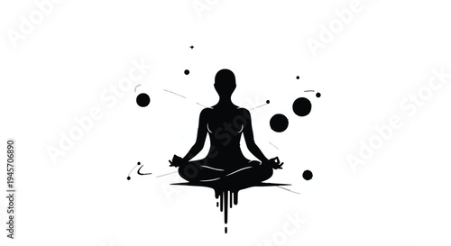 A solitary figure sits in the black silhouette of a lotus position surrounded by abstract cosmic dots and energetic splatters, representing deep meditation.