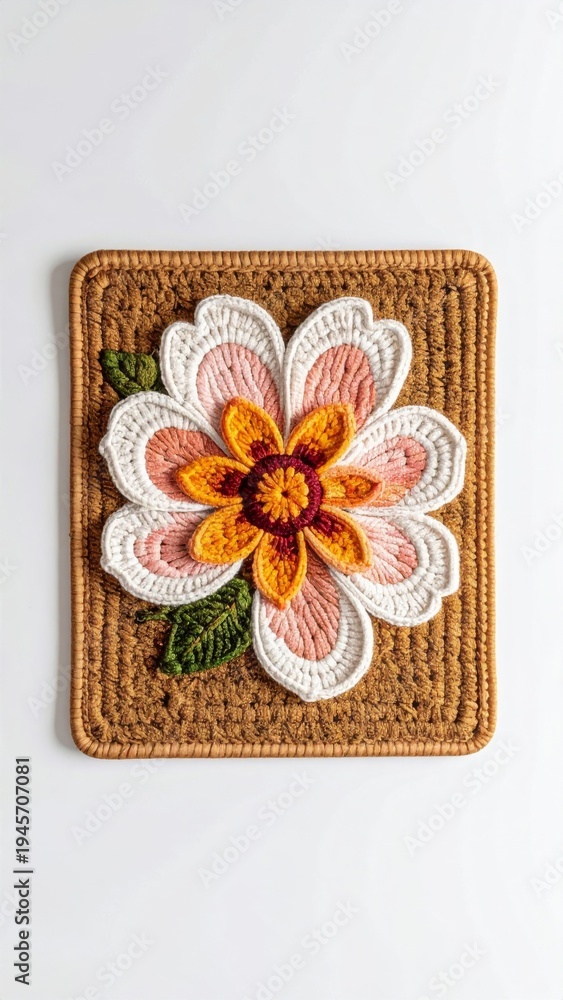 Fototapeta premium Crocheted Floral Wall Art with Brown Beige and Orange Colors