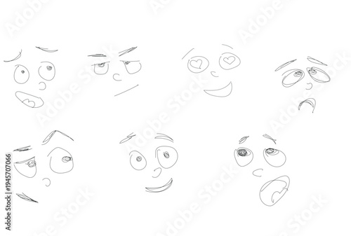 Collection of simple hand drawn cartoon face expressions showing different emotions. Minimal sketch style useful for character design and emotion studies.