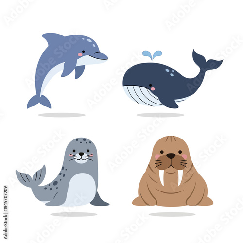 Cute Marine Mammals Bundle ocean mammals vector set including dolphin, whale, 1 gigapixel art height 4000px.eps, Wildlife Animal Vector Illustration Bundle, Isolated Design Set