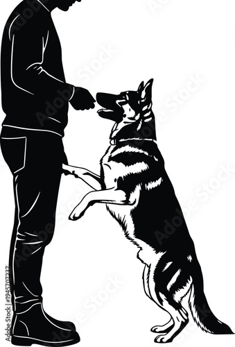 Dog trainer teaching obedient German shepherd to stand and follow command, professional canine training session, pet discipline concept, black silhouette vector illustration