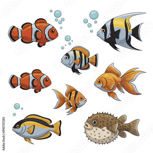 Cute Ocean Fish Bundle colorful fish vector set including clownfish, angelfish 2 gigapixel art height 4000px.eps, Wildlife Animal Vector Illustration Bundle, Isolated Design Set