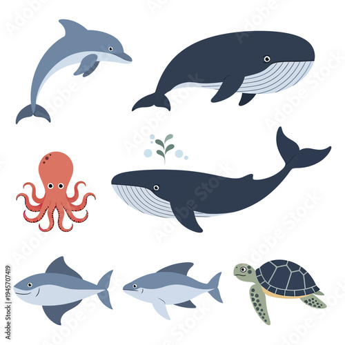 Ocean Sea Animals Bundle marine animal vector illustration set including dolph 1 gigapixel art height 4000px.eps, Wildlife Animal Vector Illustration Bundle, Isolated Design Set