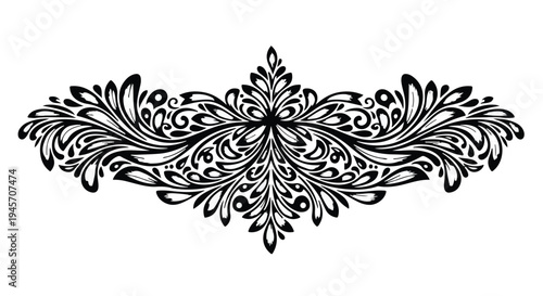 Intricate black baroque flourish design features symmetrical swirling acanthus leaves and detailed ornamental scrollwork creating a visual divider.