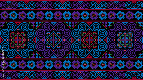 Tableau sur toile Hmong fabric patterns feature intertwined curved lines forming spirals, a unique symbol of the Hmong ethnic group