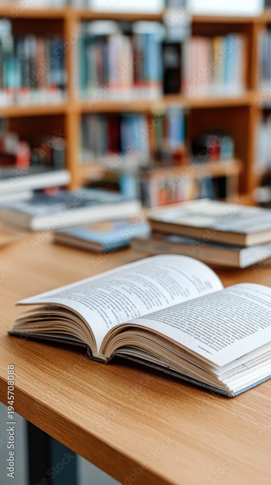 Fototapeta premium An open book lies on a table while blurred bookshelves create a library scene in the background with elements of reading and learning