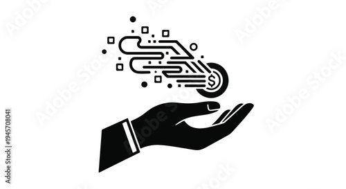 Human hand with a neatly folded sleeve and cuff is catching a swiftly moving digital coin, featuring a dollar sign, surrounded by an abstract representation of data flowing in a futuristic.