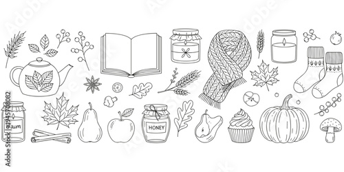 Autumn line drawing illustration, cozy fall season artwork with leaves pumpkin fruit tea jam honey candle scarf socks book vector