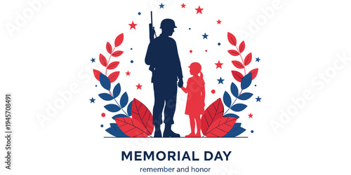 Memorial Day tribute illustration, soldier and child silhouette patriotic leaves stars honor remembrance artwork, American holiday design vector