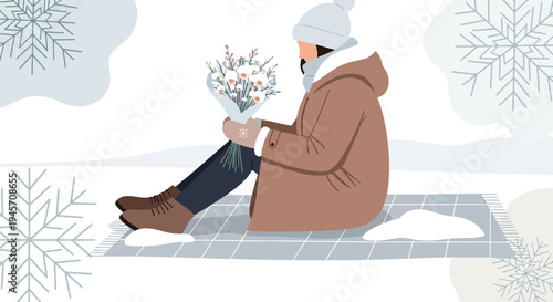 Cozy Person Sitting in Snow with Winter Bouquet