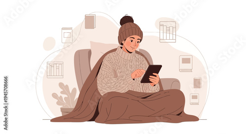 Cozy Person Using Tablet Wrapped in Blanket, Reading Book Illustration
