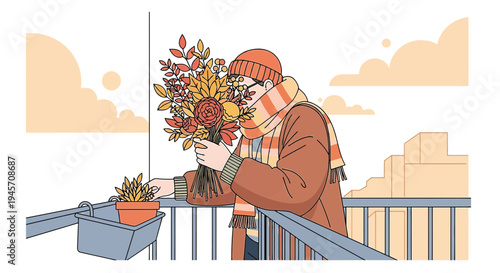 Cozy person with autumn bouquet on balcony, warm scarf and hat, gentle breeze