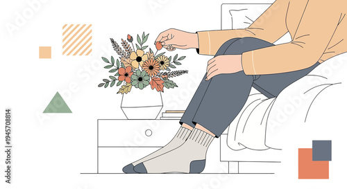 Cozy Morning Illustration: Person with Flowers by Bedside Table