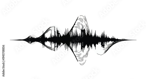 Complex black audio waveform visualization shows dynamic sound frequency peaks and valleys rendered with layered, messy texture across a stark white plane.