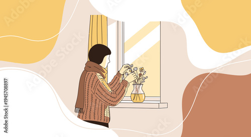 Cozy Person Arranging Flowers by Window