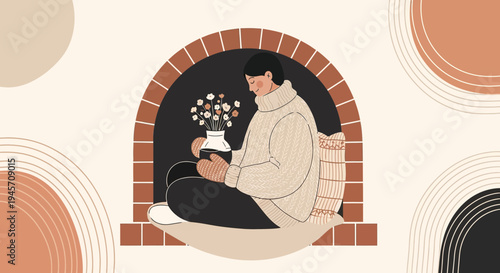 Cozy Person Holding Flowers by Fireplace, Minimalist Illustration