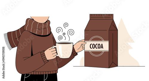 Cozy Person Holding Hot Cocoa Mug Near Cocoa Powder Bag, Winter Warmth