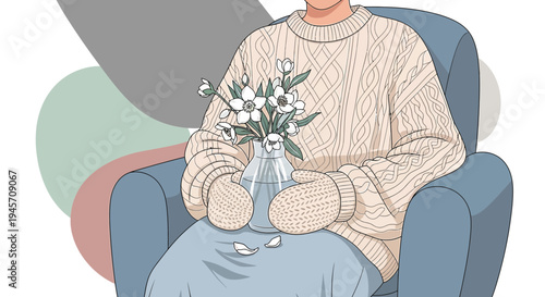 Cozy Person Holding Flowers in Armchair | Minimalist Botanical Illustration
