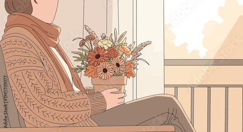 Cozy Person Holding Potted Flowers by Window | Warm Autumnal Aesthetic Illustration