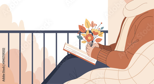 Cozy Person Reading Book with Autumn Flowers on Balcony