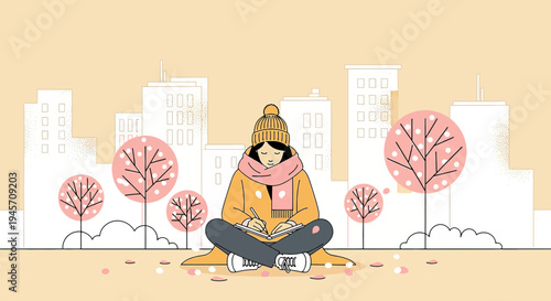 Cozy Person Reading Book in City Park Autumn Scenery, Minimalist Illustration