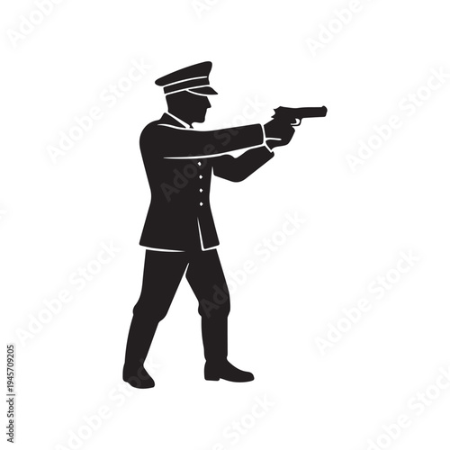 Police Officer Silhouette Aiming Handgun Law Enforcement Security Symbol.