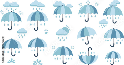 Cute Blue Umbrella and Rain Cloud Weather Icon Set with Raindrops, Storm Elements, and Cartoon Rainy Season Symbols for Forecast and Kids Design