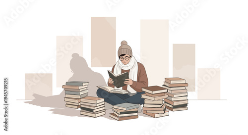 Cozy Person Reading Books in Winter, Surrounded by Stacks of Literature