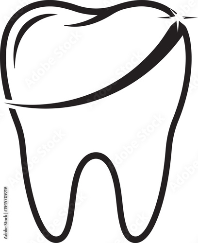 A minimalist black and white line art illustration of a clean human tooth with a sparkling effect