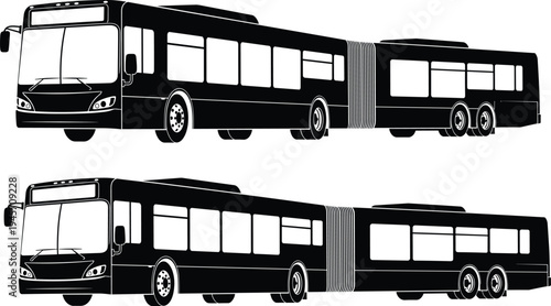 Articulated city bus silhouette vector, long public transport vehicle illustration, modern urban transit bus design, black silhouette isolated, transportation clipart
