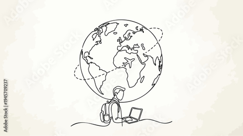 One continuous line drawing of a person working on a laptop, with a globe representing worldwide connectivity and remote work