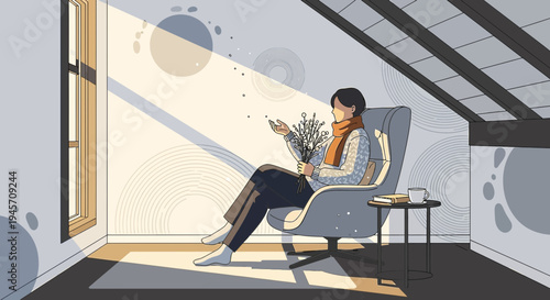 Cozy Person Relaxing by Window with Flowers, Sunlight and Shadows