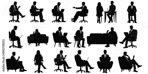 Professional silhouette illustration, office people seated with laptops meetings conversations workplace interaction artwork, corporate business design vector
