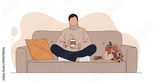 Cozy Person Relaxing on Sofa with Coffee and Autumn Bouquet