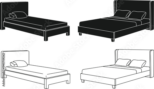 Bed furniture vector set, modern bedroom bed silhouette and outline illustration, single and double bed design, home interior sleeping furniture